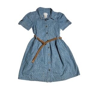 Kaisely Blue Chambray Denim Brown Belted A-Line Dress with Polka Dots